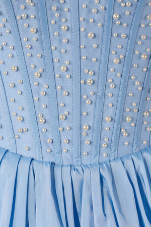 Sky Blue Strapless A Line Satin Ruffles Homecoming Dresses With Pearls - KISSPROM