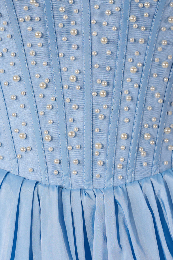 Sky Blue Strapless A Line Satin Ruffles Homecoming Dresses With Pearls - KISSPROM