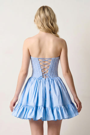 Sky Blue Strapless A Line Satin Ruffles Homecoming Dresses With Pearls - KISSPROM
