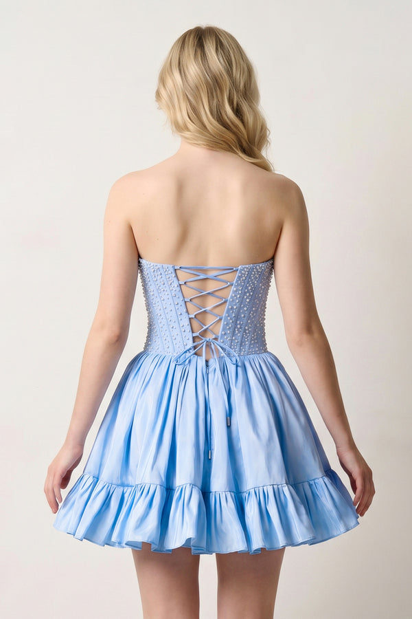Sky Blue Strapless A Line Satin Ruffles Homecoming Dresses With Pearls - KISSPROM