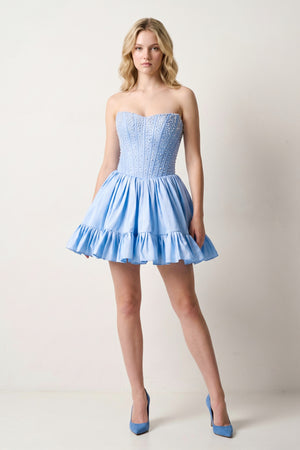 Sky Blue Strapless A Line Satin Ruffles Homecoming Dresses With Pearls - KISSPROM