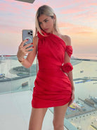 Eirwen | Red - Sheath One Shoulder Pleated Short Homecoming Dresses With Flowers