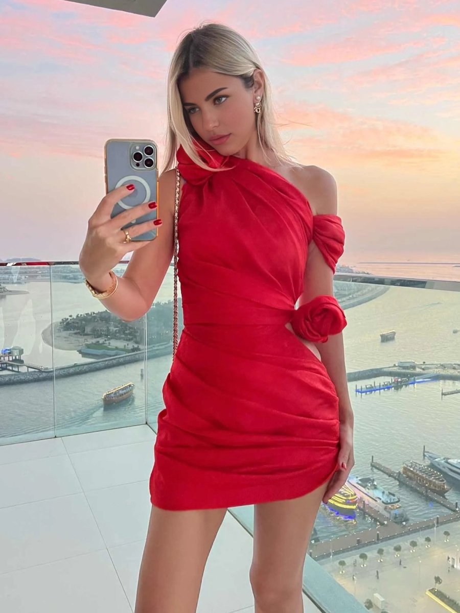 Eirwen | Red - Sheath One Shoulder Pleated Short Homecoming Dresses With Flowers