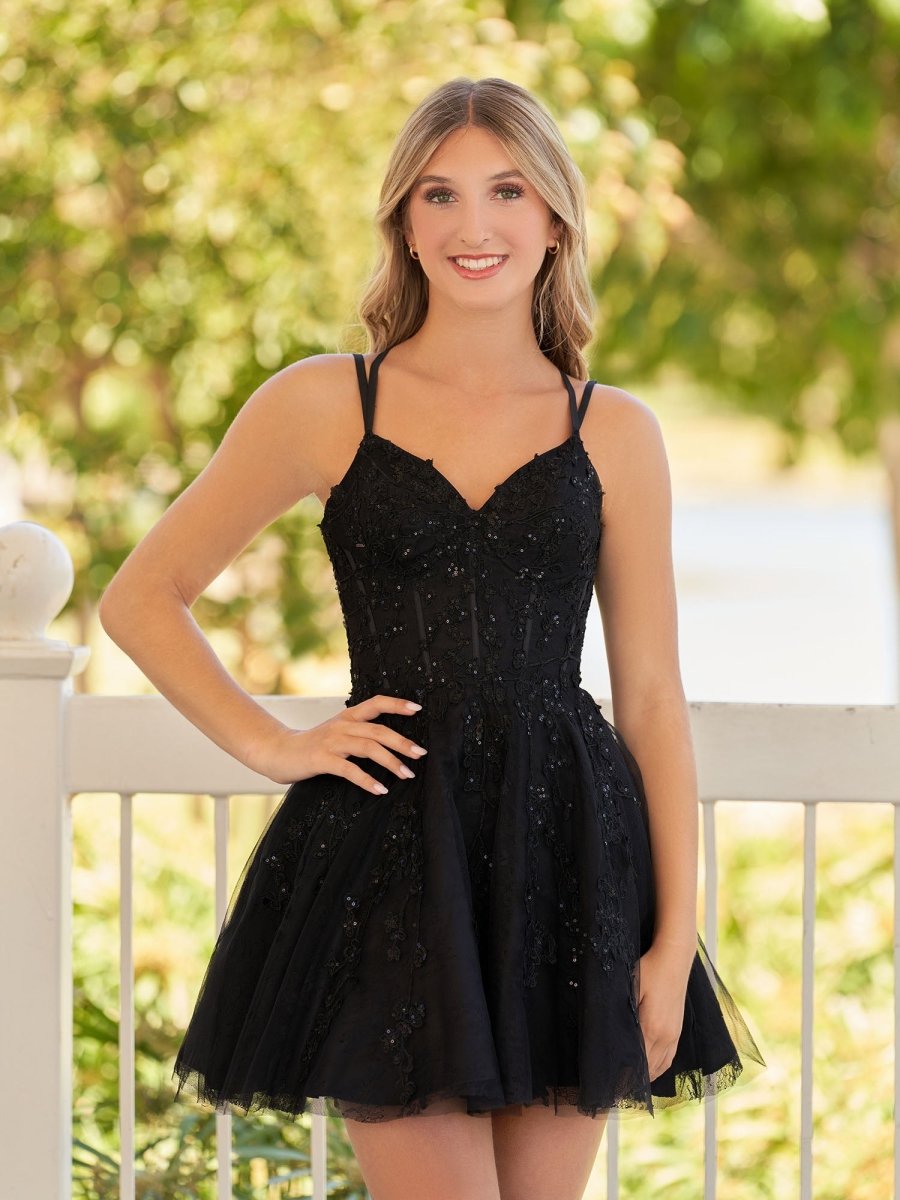 A-Line Lace Spaghetti-Straps Black Short Homecoming Dress, Black / 00 A-Line Lace Spaghetti-Straps Black Short Homecoming Dress, Black / 00