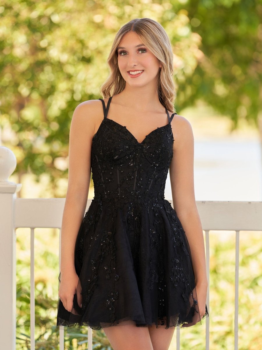A-Line Lace Spaghetti-Straps Black Short Homecoming Dress, Black / 00 A-Line Lace Spaghetti-Straps Black Short Homecoming Dress, Black / 00