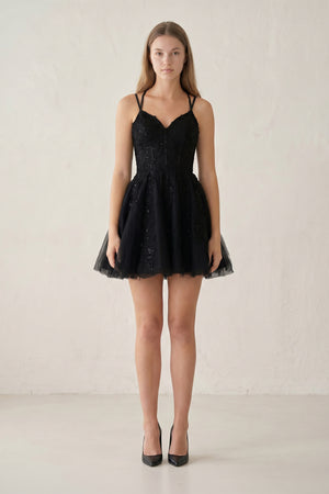 A-Line Lace Spaghetti-Straps Black Short Homecoming Dress