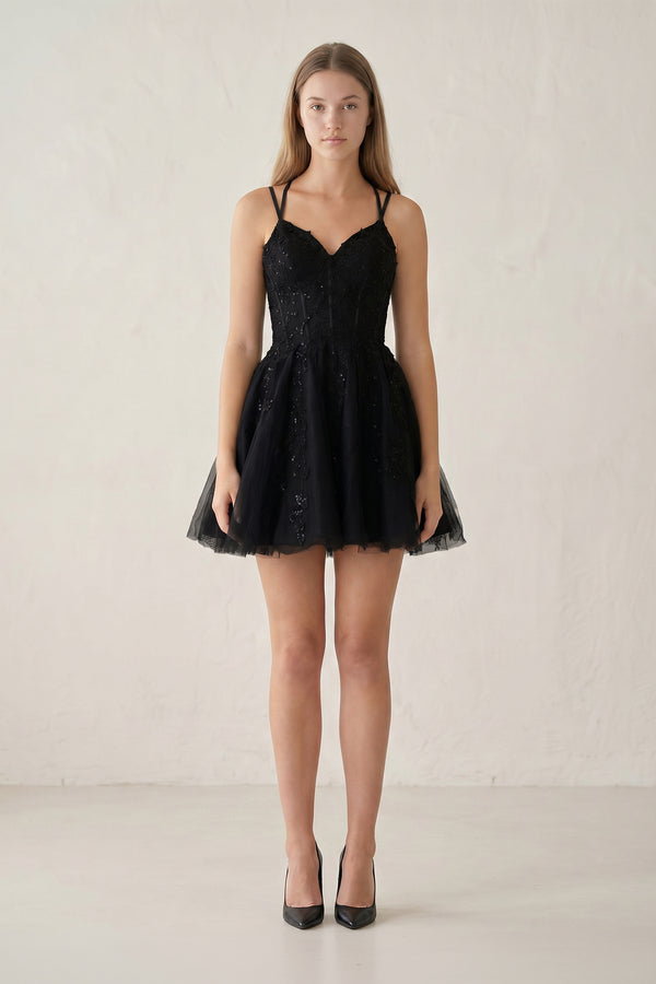 A-Line Lace Spaghetti-Straps Black Short Homecoming Dress