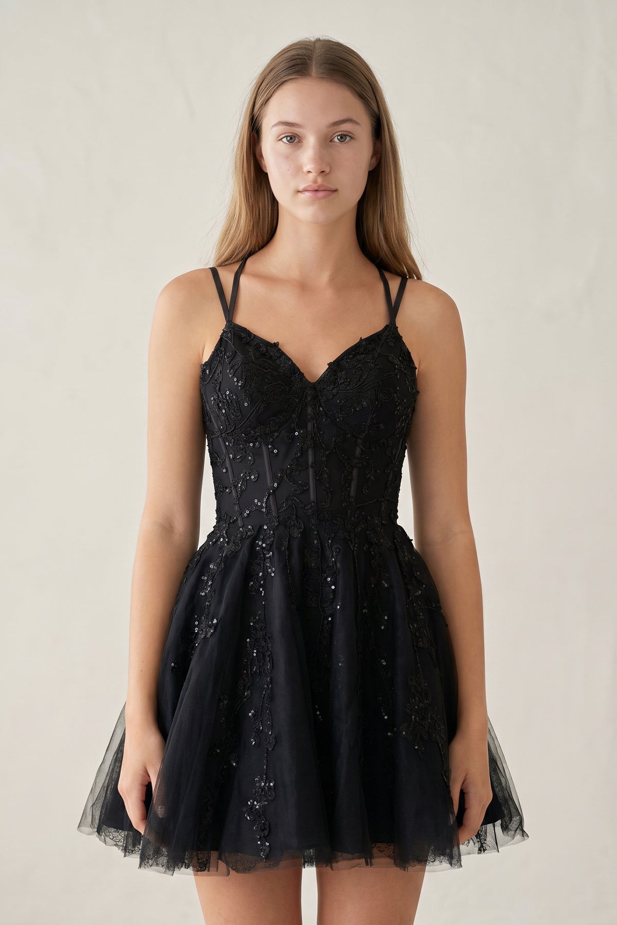 KissProm A-Line Lace Spaghetti-Straps Black Short Homecoming Dress, Black / 00