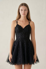A-Line Lace Spaghetti-Straps Black Short Homecoming Dress