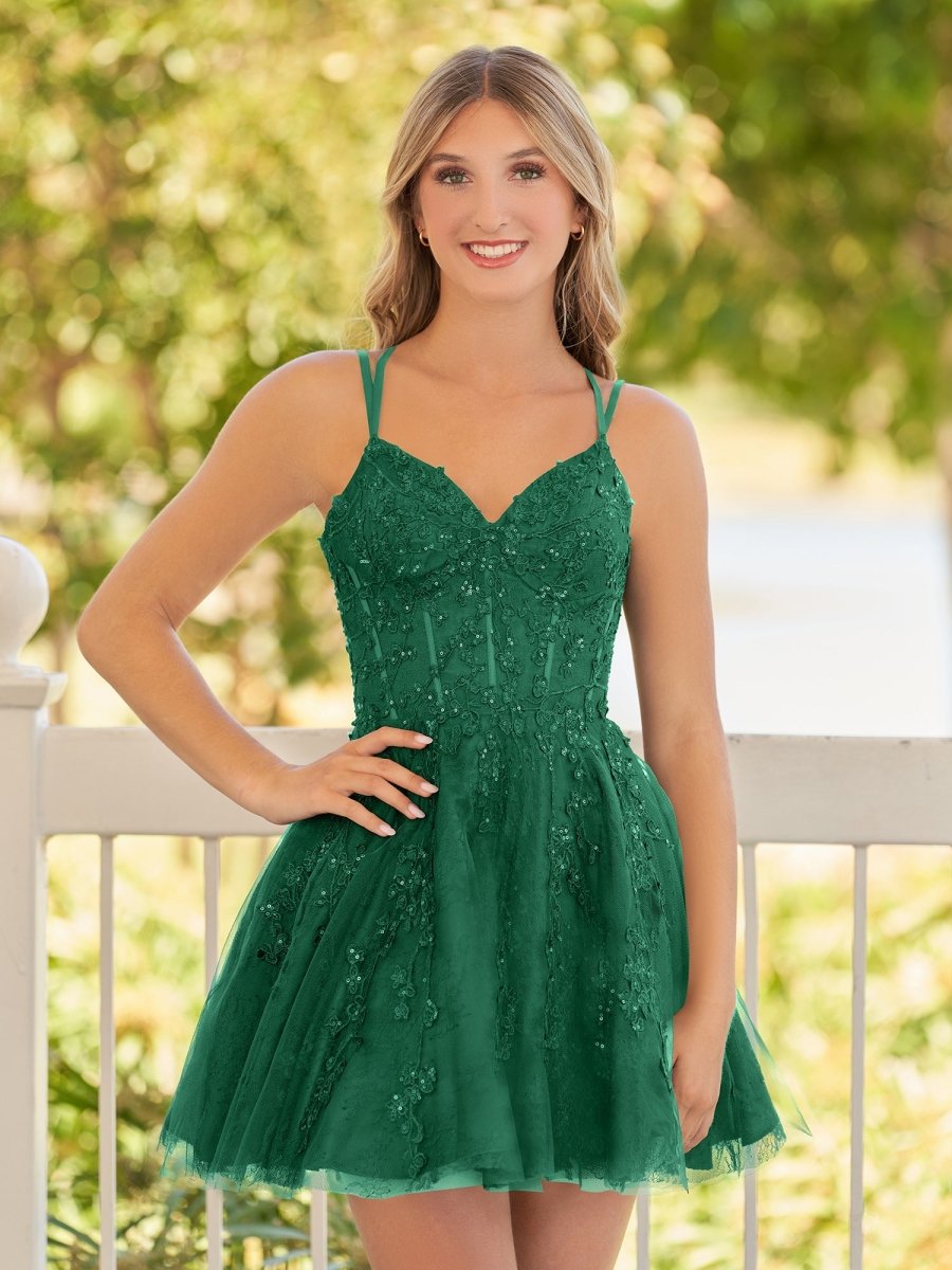 A-Line Lace Spaghetti-Straps Black Short Homecoming Dress, Green / 6 A-Line Lace Spaghetti-Straps Black Short Homecoming Dress, Green / 6