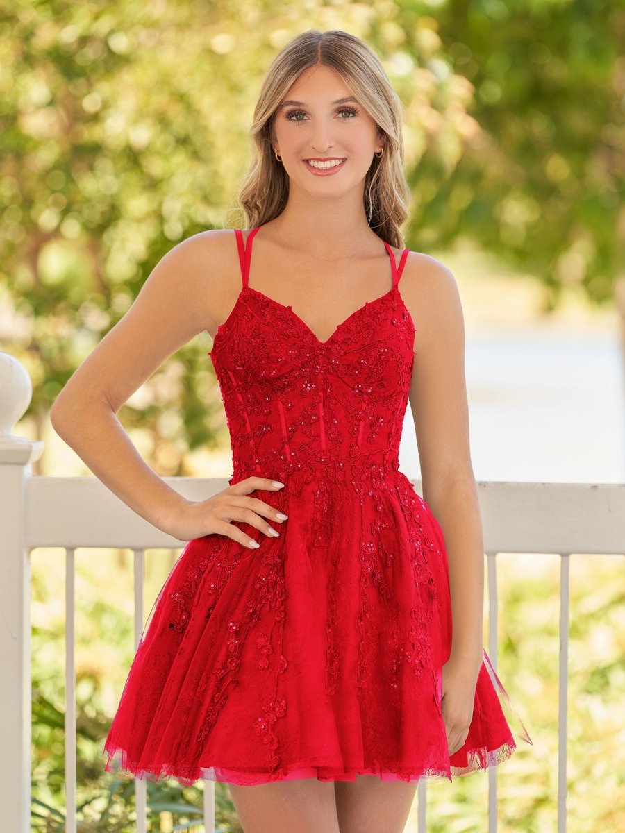 A-Line Lace Spaghetti-Straps Black Short Homecoming Dress, Red / 8 A-Line Lace Spaghetti-Straps Black Short Homecoming Dress, Red / 8