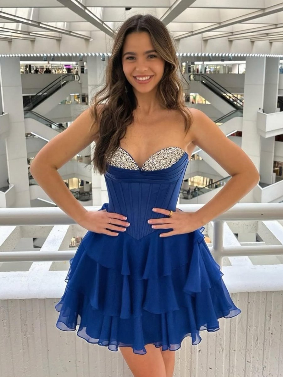Elarae | Royal Blue - Strapless A Line Ruffles Homecoming Dress With Beading