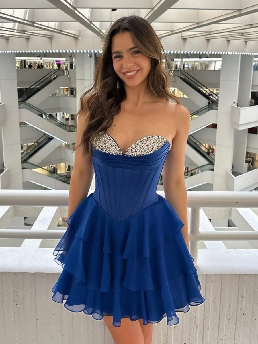 Elarae | Royal Blue - Strapless A Line Ruffles Homecoming Dress With Beading