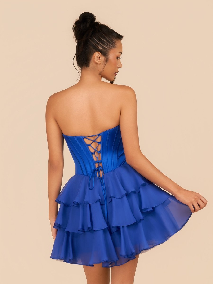Elarae | Royal Blue - Strapless A Line Ruffles Homecoming Dress With Beading