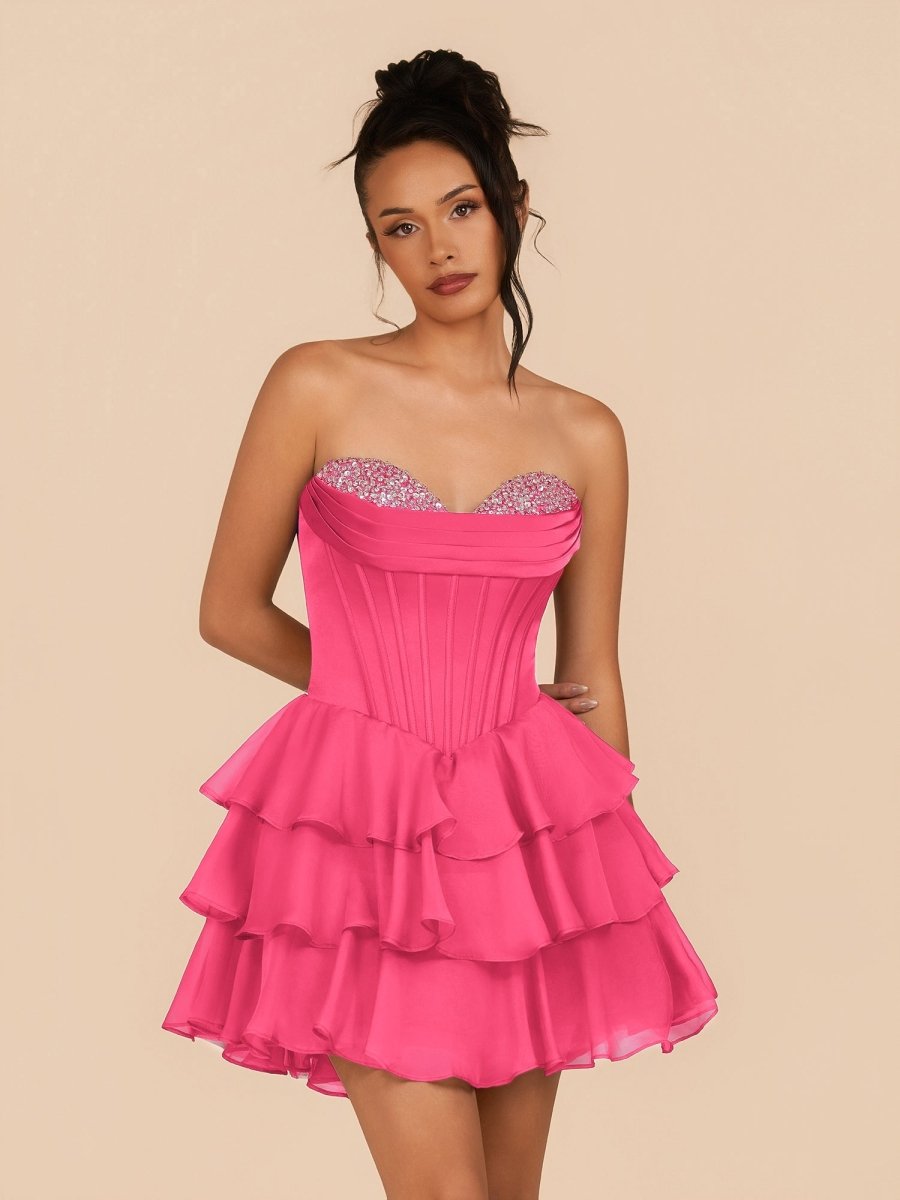 Elarae | Hot Pink - Strapless A Line Ruffles Homecoming Dress With Beading