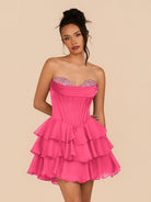 Elarae | Hot Pink - Strapless A Line Ruffles Homecoming Dress With Beading