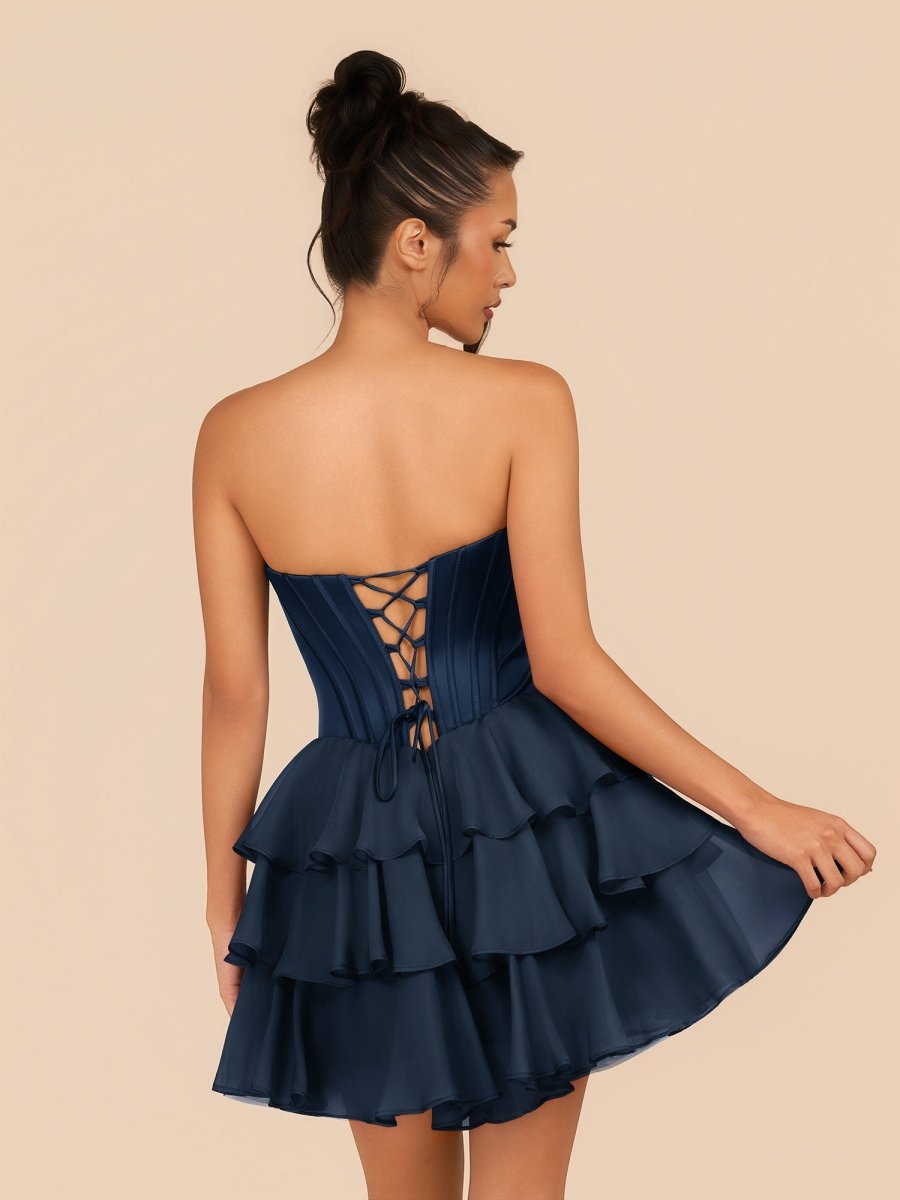 Elarae | Navy Blue - Strapless A Line Ruffles Homecoming Dress With Beading - KissProm
