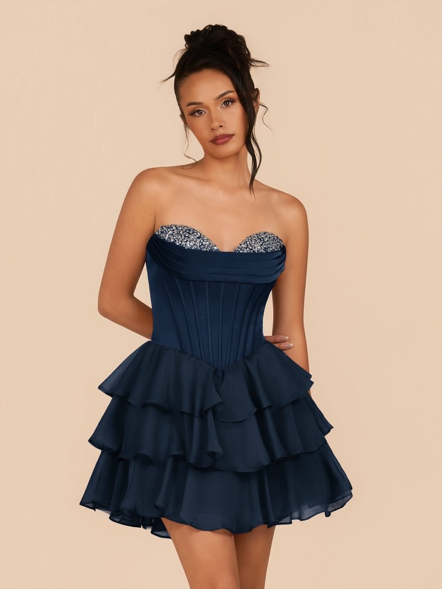 Elarae | Navy Blue – Strapless A-Line Ruffles Homecoming Dress with Be ...