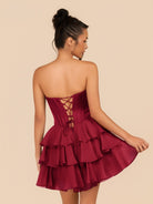 Elarae | Burgundy - Strapless A Line Ruffles Homecoming Dress With Beading - KissProm