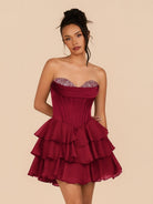 Elarae | Burgundy - Strapless A Line Ruffles Homecoming Dress With Beading - KissProm