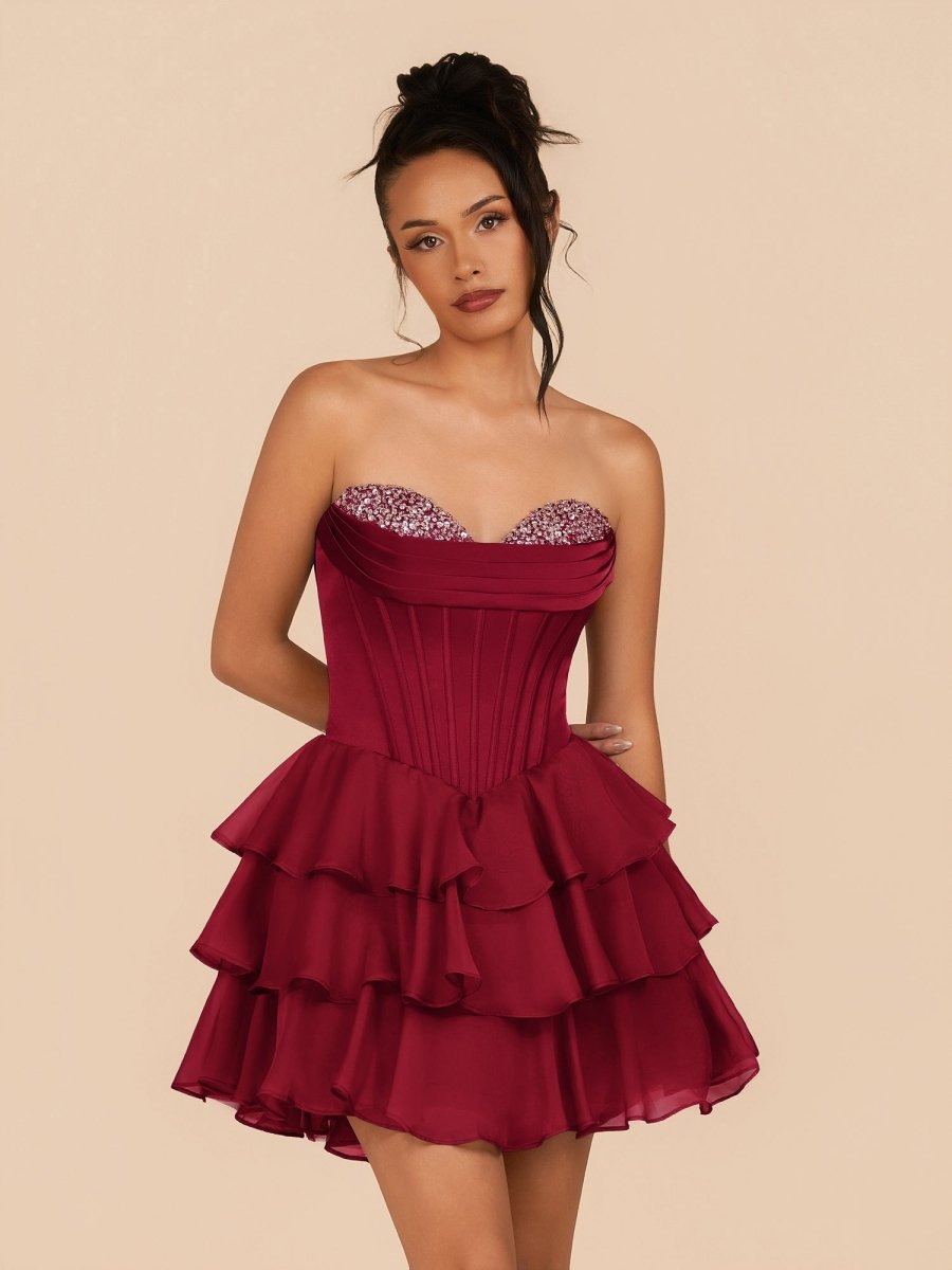 Elarae | Burgundy - Strapless A Line Ruffles Homecoming Dress With Beading - KissProm