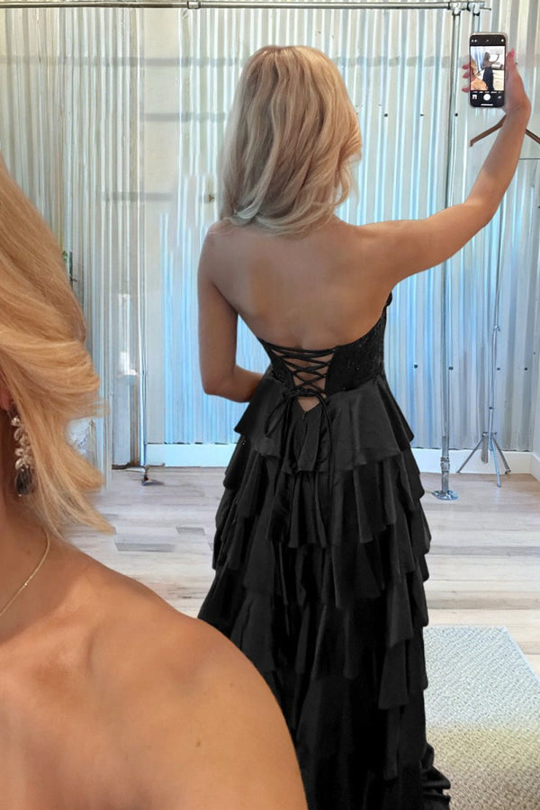 Elaria | Black - Sweetheart A Line Satin Appliqued Prom Dresses With Ruffles - KissProm