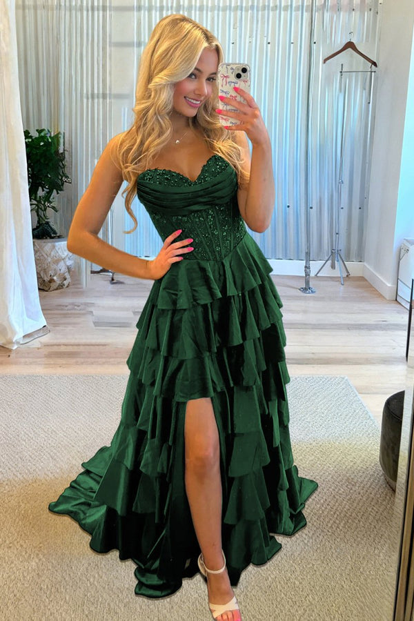 Elaria | Dark Green - Sweetheart A Line Satin Appliqued Prom Dresses With Ruffles - KissProm
