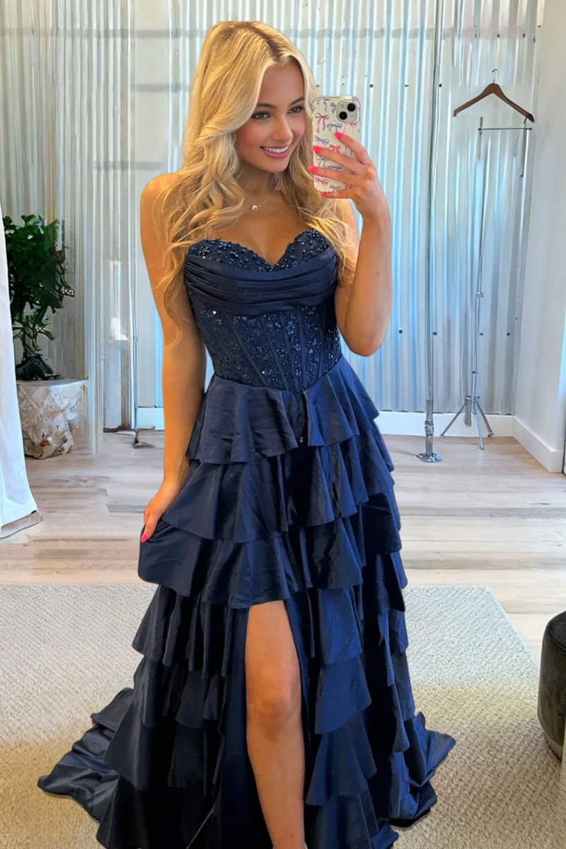 Elaria | Navy Blue - Sweetheart A Line Satin Appliqued Prom Dresses With Ruffles - KissProm