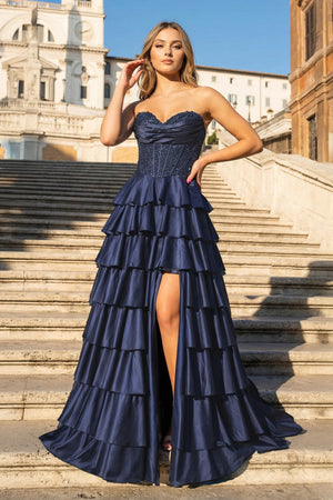 KissProm- Navy Blue Sweetheart A Line Satin Appliqued Prom Dresses With Ruffles