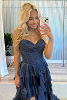 Elaria | Navy Blue - Sweetheart A Line Satin Appliqued Prom Dresses With Ruffles - KissProm
