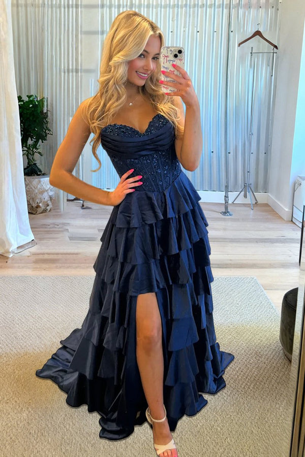 Elaria | Navy Blue - Sweetheart A Line Satin Appliqued Prom Dresses With Ruffles - KissProm