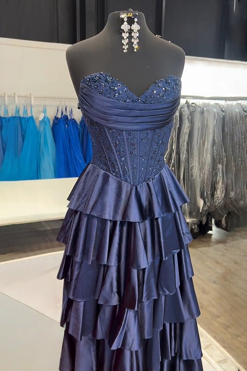 Elaria | Navy Blue - Sweetheart A Line Satin Appliqued Prom Dresses With Ruffles - KissProm