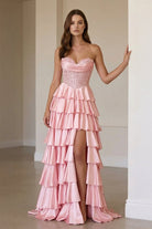 Elaria | Pink - Sweetheart A Line Satin Appliqued Prom Dresses With Ruffles - KissProm