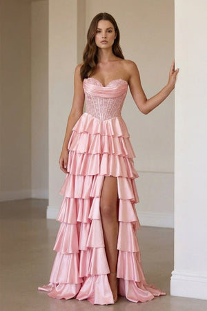 Elaria | Pink - Sweetheart A Line Satin Appliqued Prom Dresses With Ruffles - KissProm