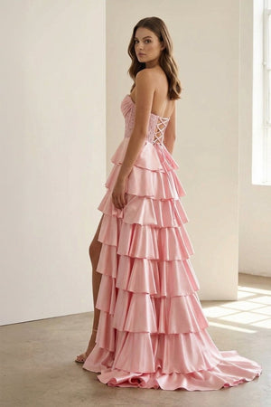Elaria | Pink - Sweetheart A Line Satin Appliqued Prom Dresses With Ruffles - KissProm