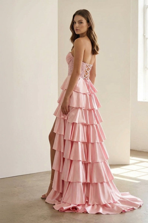 Elaria | Pink - Sweetheart A Line Satin Appliqued Prom Dresses With Ruffles - KissProm