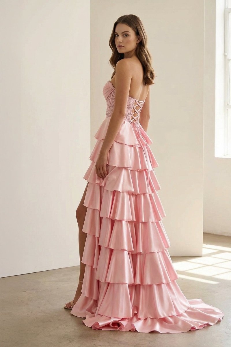 Elaria | Pink - Sweetheart A Line Satin Appliqued Prom Dresses With Ruffles - KissProm