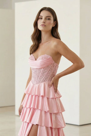 Elaria | Pink - Sweetheart A Line Satin Appliqued Prom Dresses With Ruffles - KissProm