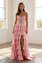 Elaria | Pink - Sweetheart A Line Satin Appliqued Prom Dresses With Ruffles - KissProm