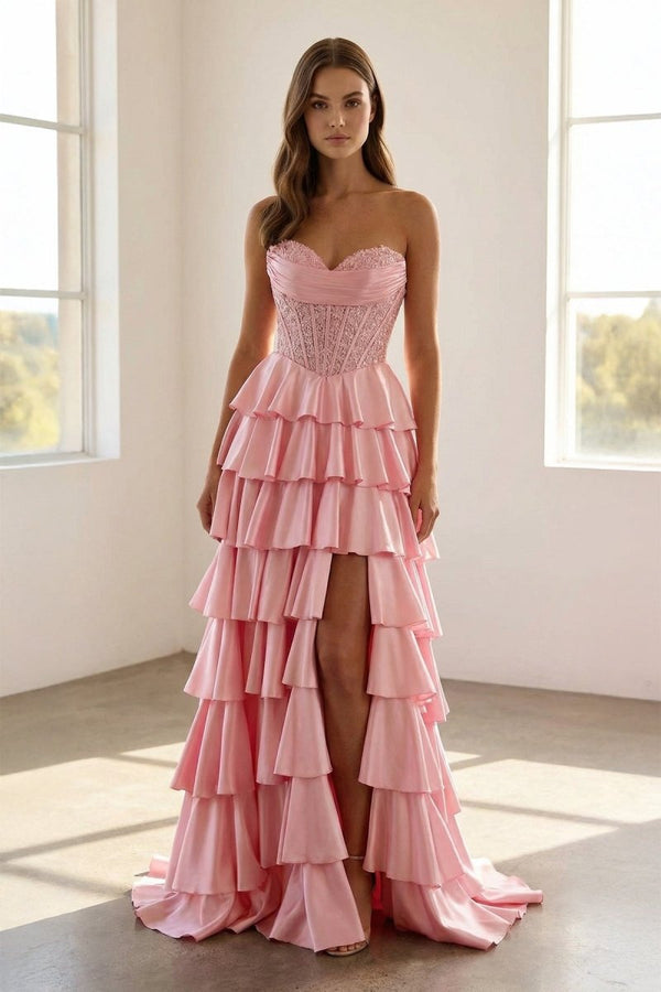 Elaria | Pink - Sweetheart A Line Satin Appliqued Prom Dresses With Ruffles - KissProm