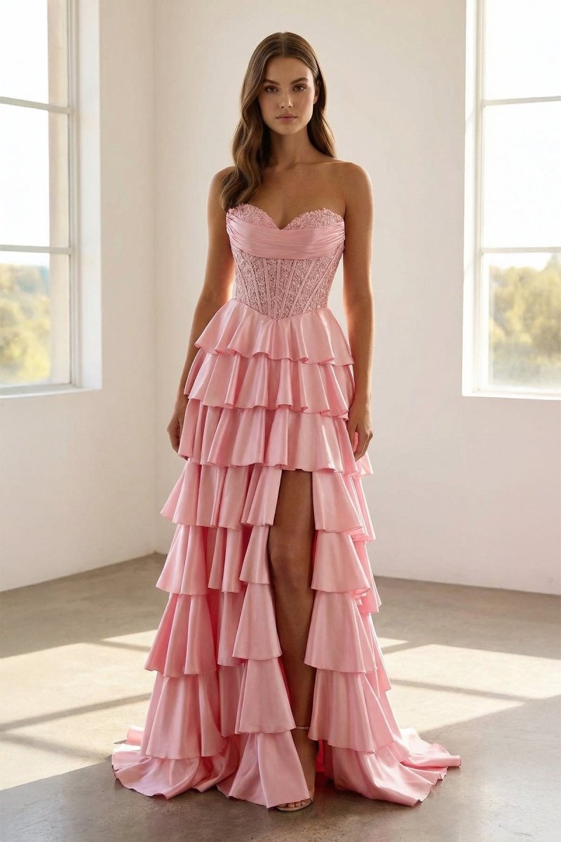 Elaria | Pink - Sweetheart A Line Satin Appliqued Prom Dresses With Ruffles - KissProm