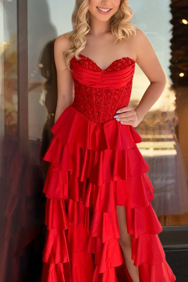 Elaria | Red - Sweetheart A Line Satin Appliqued Prom Dresses With Ruffles - KissProm