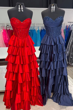 Elaria | Red - Sweetheart A Line Satin Appliqued Prom Dresses With Ruffles - KissProm