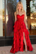 Elaria | Red - Sweetheart A Line Satin Appliqued Prom Dresses With Ruffles - KissProm