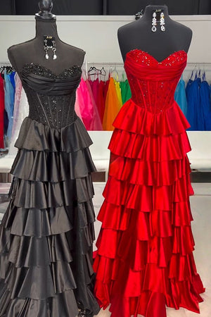 Elaria | Red - Sweetheart A Line Satin Appliqued Prom Dresses With Ruffles - KissProm