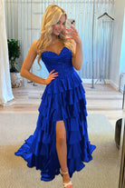 Elaria | Royal Blue - Sweetheart A Line Satin Appliqued Prom Dresses With Ruffles - KissProm
