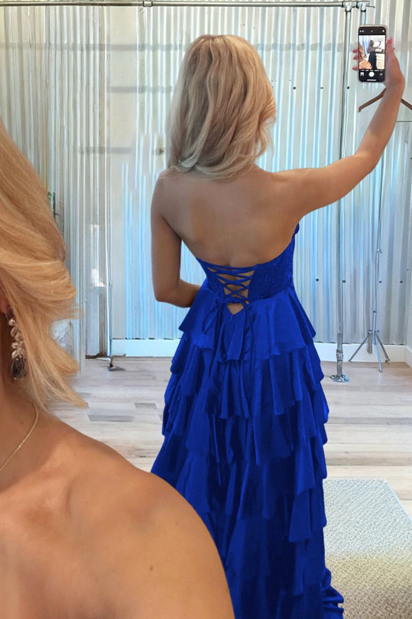 Elaria | Royal Blue - Sweetheart A Line Satin Appliqued Prom Dresses With Ruffles - KissProm