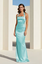 Elarin | Aqua- Halter Satin Mermaid Open Back Long Formal Prom Dresses - KissProm