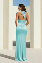 Elarin | Aqua- Halter Satin Mermaid Open Back Long Formal Prom Dresses - KissProm