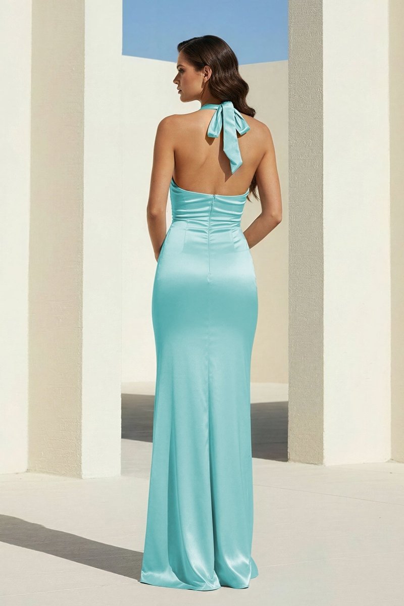 Elarin | Aqua- Halter Satin Mermaid Open Back Long Formal Prom Dresses - KissProm